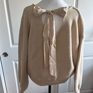 SHEIN Cream V-Neck Sweater with Bow